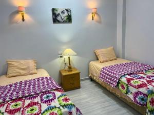 a bedroom with two beds and a lamp on a night stand at Maat apartment in Luxor