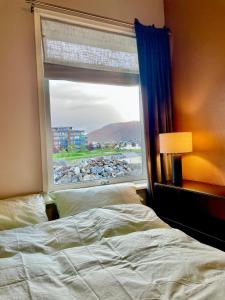 トロムソにあるCosy room in seaside apartmentのベッドと大きな窓のある寝室
