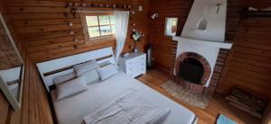 an overhead view of a bedroom with a bed and a fireplace at Ursihaus in Bor