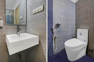 two pictures of a bathroom with a sink and a toilet at Super Townhouse Oak LB Nagar Ramoji in Hyderabad +47 photos