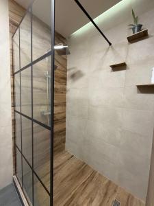 a shower with a glass door in a bathroom at Stylish 2BR Apartment with Balcony by Republic Square - City Center I Стильные апартаменты с 2 спальнями и балконом у площади Республики-Центр Города in Yerevan
