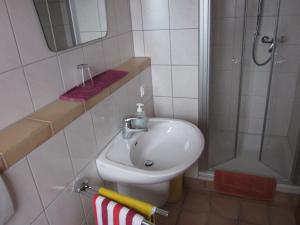 uma casa de banho branca com um lavatório e um chuveiro em Gästehaus Jüngling em Kottenborn