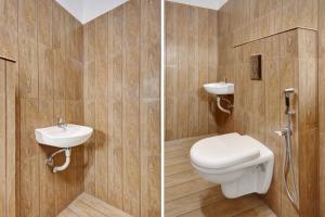 two pictures of a bathroom with a toilet and a sink at Super Hotel O Anayara Near Lulu Mall Formerly Timber Residency in Trivandrum