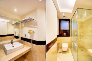 two images of a bathroom with a sink and a shower at Palette South Delhi Formerly Imperial Villa in New Delhi