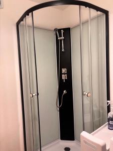 a shower with a mirror in a bathroom at Appartement tout confort à Begnécourt Vosges endroit calme idéal famille in Begnécourt