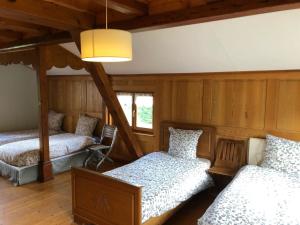 a bedroom with three beds and a chandelier at Maison pittoresque à Sainte-Croix-aux-Mines, vue sur la montagne in Sainte-Croix-aux-Mines