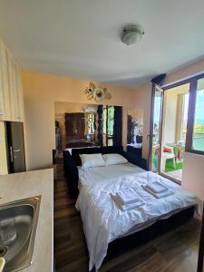 1 dormitorio con 1 cama grande y lavamanos en Апартамент- Студио Кокетно, en Sandanski