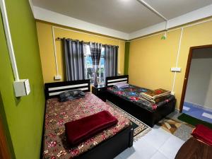 two beds in a room with green walls at Rise And Shine Homestay in Mirik