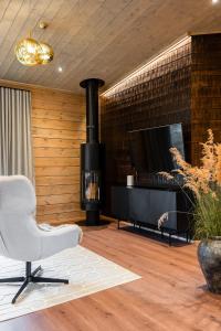 a living room with a fireplace and a chair at Aurora B Luxury Lodge in Kuusamo