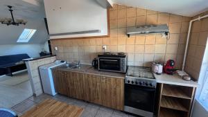 una cucina con piano cottura, lavello e forno a microonde di Iza Bella a Braşov