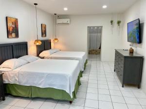 Un dormitorio con dos camas y un televisor en la pared. en The Irie Inn, en Montego Bay