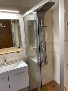 a bathroom with a shower and a sink at Apartmany Rubin Nesvady in Nesvady +66 photos