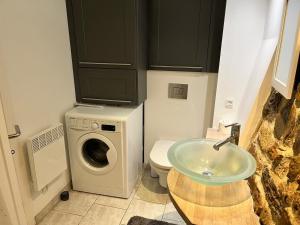 une salle de bain avec un lavabo et une machine à laver dans l'établissement La Petite Bastide-Central Apartment in Neffies, à Néffiès