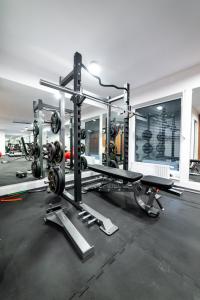 einen Fitnessraum mit einem Fitnessraum mit einem Simulator in der Unterkunft Apartamenty Przy IV Śluzie - Gold in Bydgoszcz