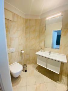 a bathroom with a toilet and a sink and a mirror at Key Inn Appart Hotel Belair in Luxembourg +18 photos
