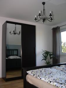 ein Schlafzimmer mit einem Spiegel und einem Bett in der Unterkunft Premium Ferienloft Dreßler Fulda in Fulda