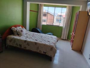 Un dormitorio pequeño con una cama y una ventana. en Hospedaje el Mirador del Pillcomozo, en Huánuco