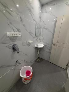 a bathroom with a sink and a toilet and a mirror at Jayalakshmi Homestay Near Tiruchanur Padmavathi Ammavari Temple in Tirupati