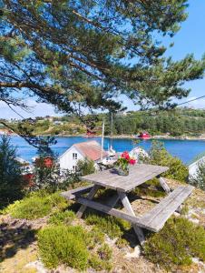 a picnic table with a view of the water at Retreat Øklandsnes in Lii
