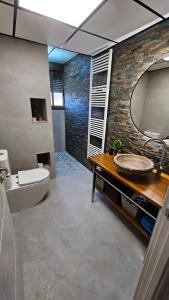 a bathroom with a toilet and a sink and a mirror at El Cierzo de Sediles in Sediles