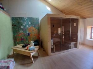 una stanza con una grande doccia in vetro in una stanza di Maison nature Bien-être a Saint-Christophe-dʼAllier