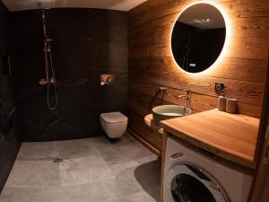 een badkamer met toilet en wastafel en wasmachine bij Appartement dans le Mercantour - accès PMR - in Saint-Étienne-de-Tinée