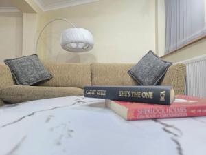 a pile of books sitting on top of a bed at North London Holiday home, Driveway Parking, BBQ and Indoor Jacuzzi hot tub in Brimsdown Station