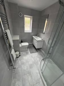 a bathroom with a shower and a toilet and a sink at Hartlepool Marina View Apartment in Hartlepool +27 photos