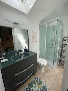 a bathroom with a sink and a toilet and a shower at Studio cosy avec piscine privative in Saint-Sernin