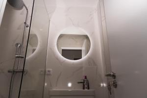 a bathroom with a shower and a sink and a mirror at apartman Fuerte 2 in Belgrade +4 photos