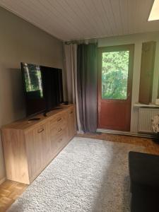 soggiorno con TV a schermo piatto e mobile in legno di Compact beautiful apartment with sauna a Kuusamo