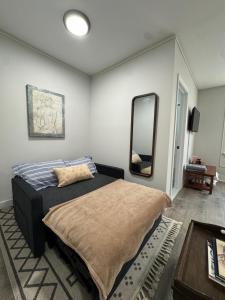a bedroom with a bed and a large mirror at Yale Casa Blanco in New Haven