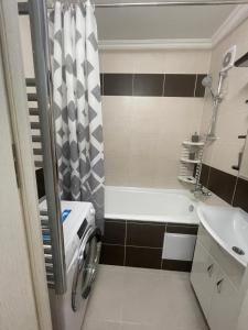 キシナウにあるModern Apartament Centru Rîșcaniの洗面台、浴槽、トイレを備えたバスルーム