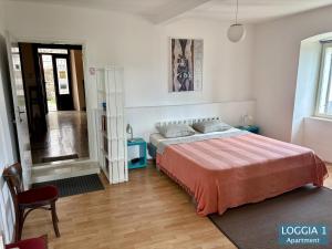 a bedroom with a bed and a chair in it at Loggia Motovun in Motovun