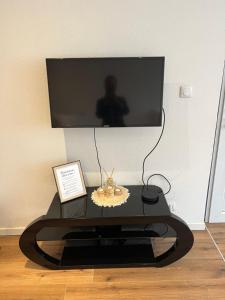 a black coffee table with a television on a wall at Charmant Studio à Rixheim in Rixheim +4 photos