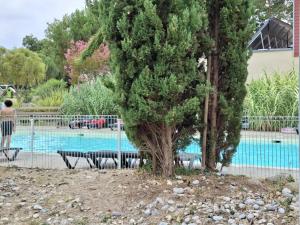 a tree and benches next to a swimming pool at cottage Le Vau15 in Chaveignes
