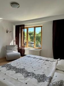 a bedroom with a bed and a chair and a window at Villa Cetatuia in Cluj-Napoca