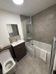a bathroom with a toilet and a sink and a shower at Premier Serviced Apartmetns oldham road Manchester in Manchester