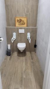 a bathroom with a toilet and a wooden floor at Vakantiehuis Buitengewoon in Beers