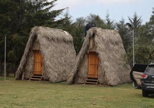 two small huts with their doors open in a field at Cabañas Green Life, Huasca de Ocampo in Huasca de Ocampo