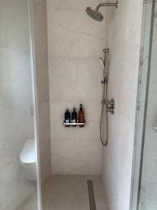 a bathroom with a shower with bottles on a shelf at Il Capitano - Little Torch Key in Little Torch Key +16 photos