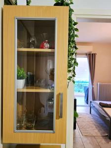 a cabinet with a glass door in a living room at The Green studio - Garden view in Lamía