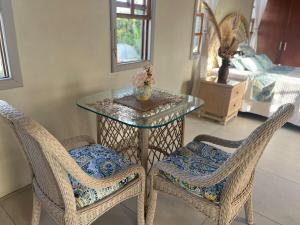 a glass table with two chairs and a glass table with a glass table at Garden View Residence in Swetes Village