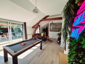 ein Wohnzimmer mit einem Billardtisch darin in der Unterkunft Appartement Spa et Terrasse in Dijon