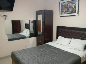 Hotel Chachani cochera的带一张大床和一面镜子的卧室