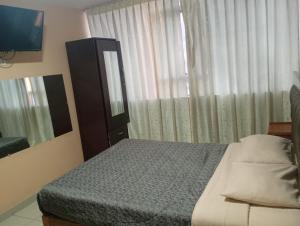 a bedroom with a bed and a mirror and a television at Hotel Chachani cochera 