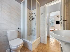 BuchholzReihenhaus mit WLAN in Buchholz am Müritzsee的浴室里有马桶、淋浴和洗手池。 更多23张照片
