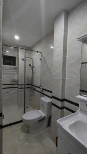 une salle de bain avec toilettes, douche et lavabo dans l'établissement HomeStay Khánh Linh B1 Hồ Quý Ly, à Vung Tau