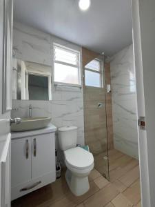 a bathroom with a toilet and a sink and a shower at Axé Shelter in Sogamoso