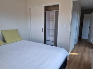 a bedroom with a white bed and a closet at Brown Palace in Auckland +1 photo